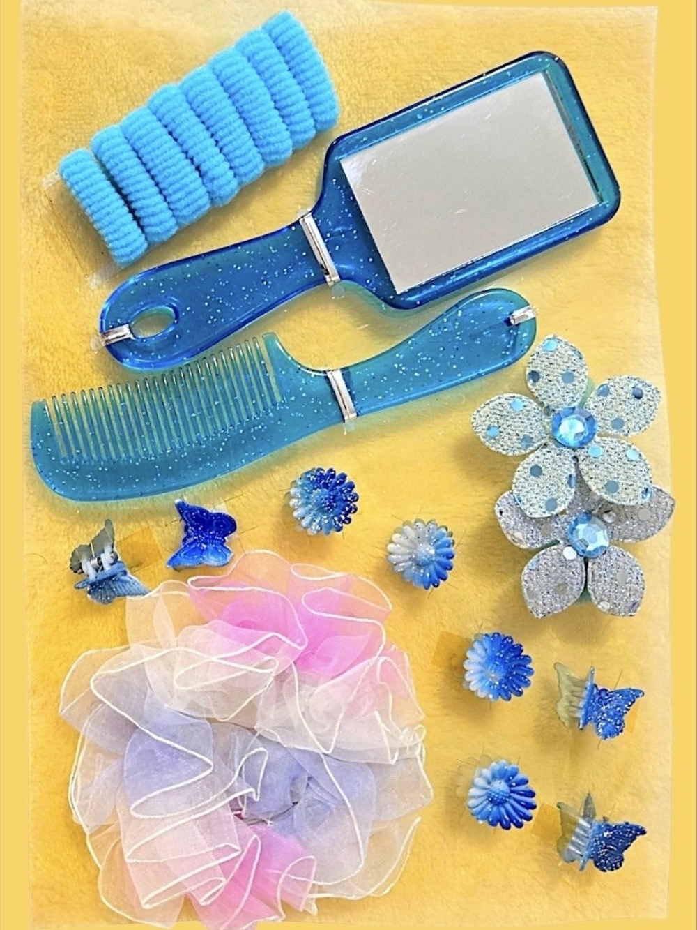 Kids Blue Hair Accessory Set - Mirror, Comb & Clips